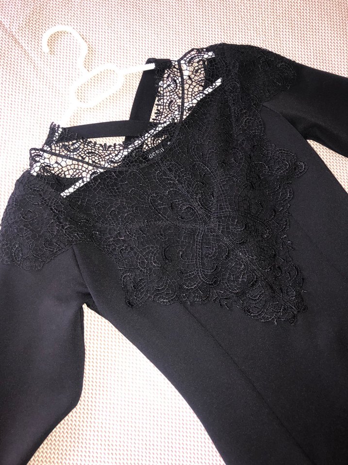 Dantel Detaylı Siyah Uzun Kollu V Yaka Elbise - Görsel 5