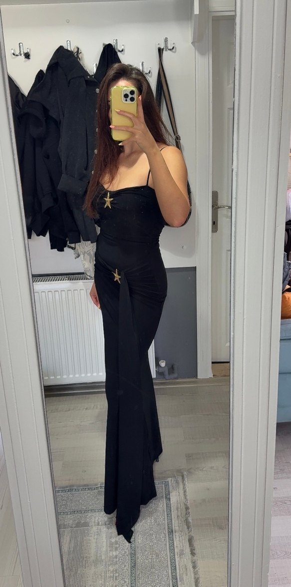 Siyah Drapeli Askılı Kadın Elbise - Görsel 2