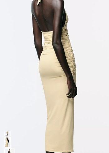 Bej V Yakalı Uzun Drapeli Elbise - Görsel 2