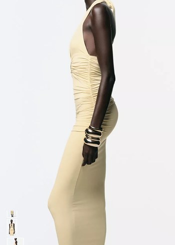 Bej V Yakalı Uzun Drapeli Elbise - Görsel 5