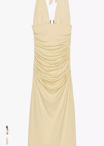 Bej V Yakalı Uzun Drapeli Elbise - Görsel 4