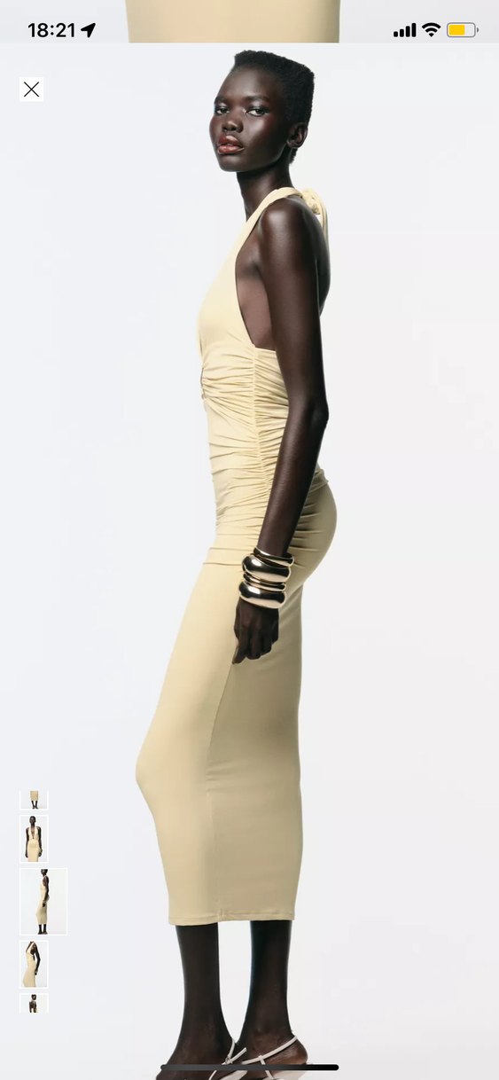 Bej V Yakalı Uzun Drapeli Elbise - Görsel 5