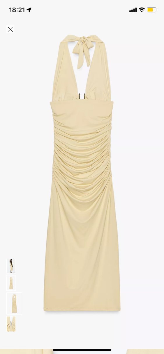 Bej V Yakalı Uzun Drapeli Elbise - Görsel 4