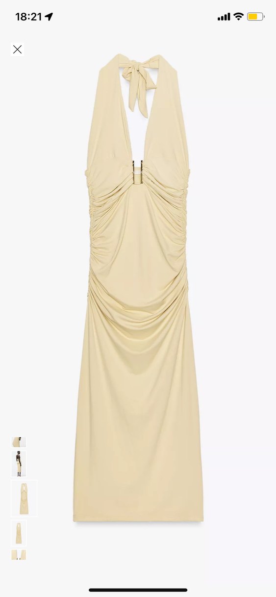 Bej V Yakalı Uzun Drapeli Elbise - Görsel 3