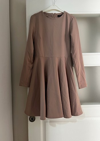 Bej Pilili Midi Kadın Elbise belden oturan kışlık - Görsel 3