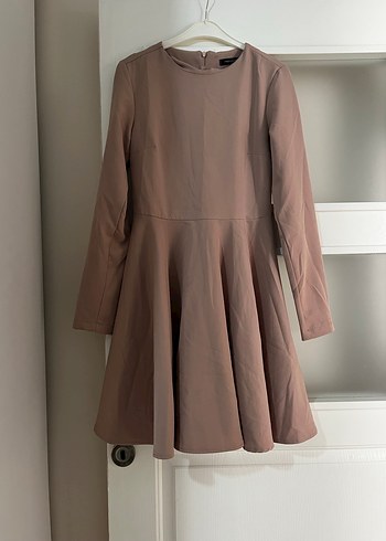 Bej Pilili Midi Kadın Elbise belden oturan kışlık - Görsel 2