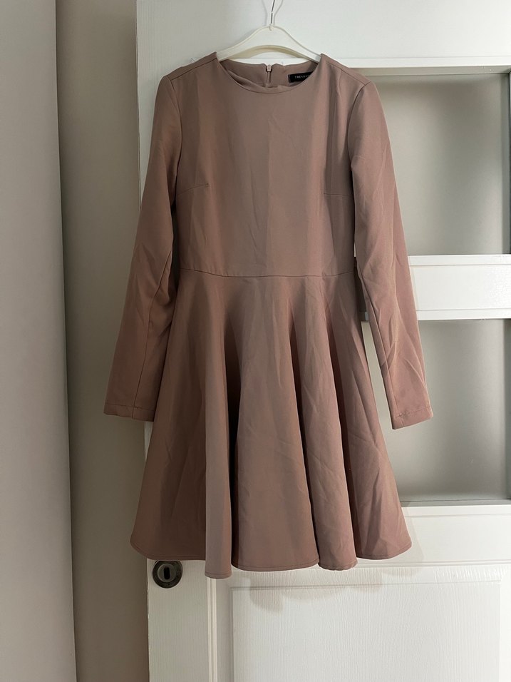 Bej Pilili Midi Kadın Elbise belden oturan kışlık - Görsel 2