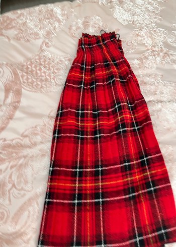 Piliseli Uzun Kırmızı Ekose Etek kışlık etek - Görsel 2