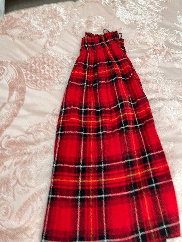 Piliseli Uzun Kırmızı Ekose Etek kışlık etek - Görsel 2