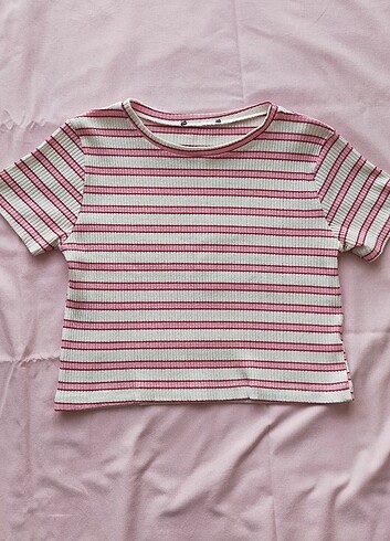 Pembe Çizgili Crop Tişört