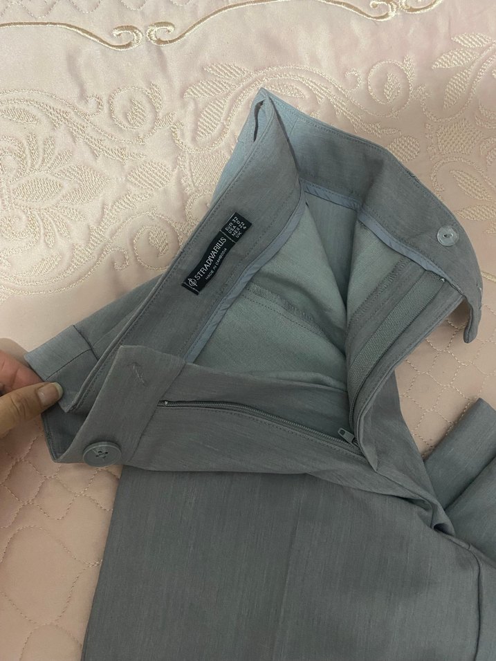 Kadın Gri Keten Kemerli Kumaş Pantolon - Görsel 3