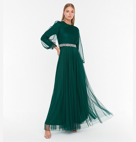 Trendyol Modest Yeşil Kemer Detaylı Tesettür abiye