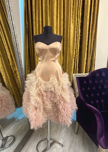 Abiye Pudra Mini Straplez Fırfırlı Abiye Elbise