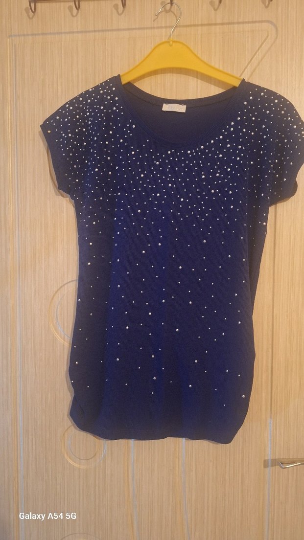 Mavi Payetli Kısa Kollu Kadın Bluz - Görsel 2