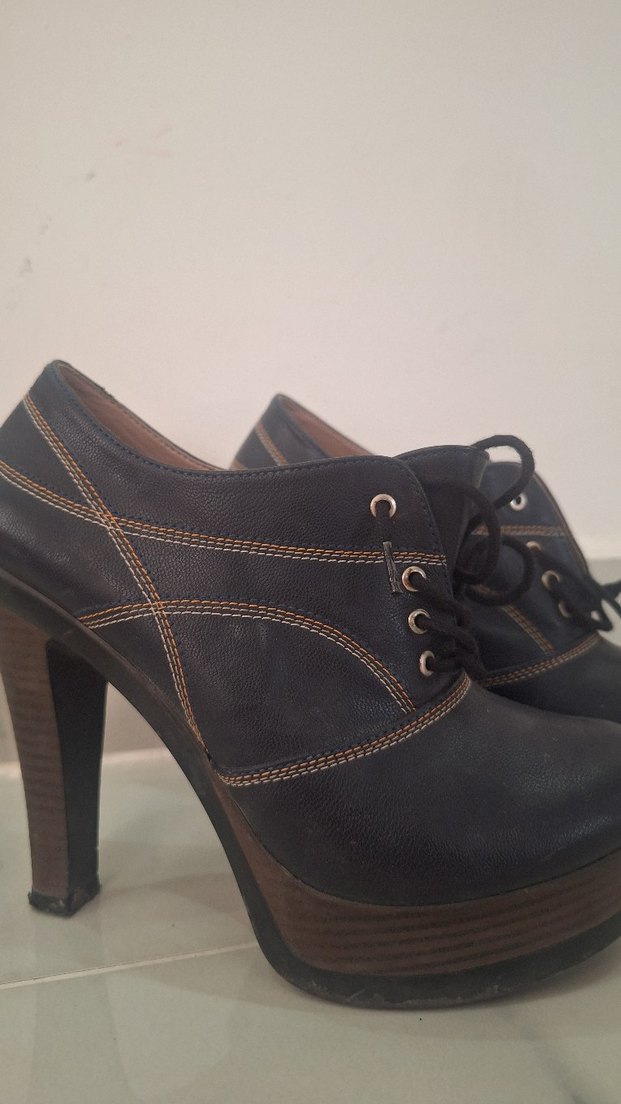 Kahverengi Deri Platform Topuklu Bağcıklı Ayakkabı - Görsel 2