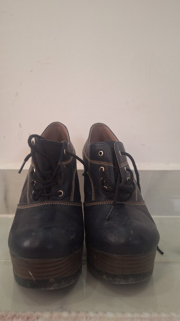 Kahverengi Deri Platform Topuklu Bağcıklı Ayakkabı - Görsel 4