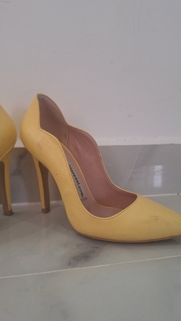 Sarı Deri Stiletto Kadın Topuklu Ayakkabı - Görsel 2