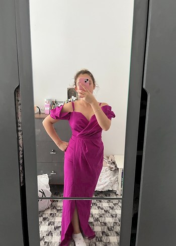 Pembe Drapeli Uzun Abiye Elbise