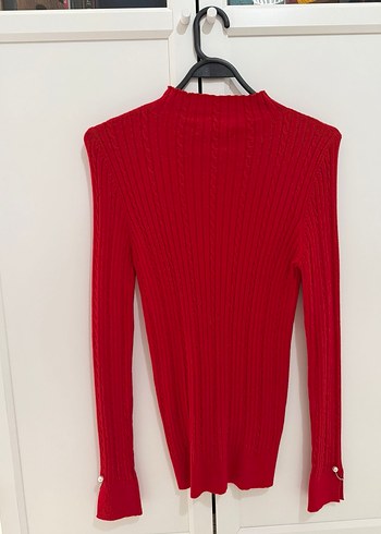 Kırmızı Yüksek Yakalı Kadın Triko Kazak - Görsel 2