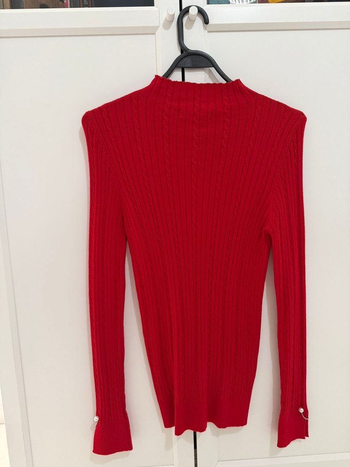 Kırmızı Yüksek Yakalı Kadın Triko Kazak - Görsel 2