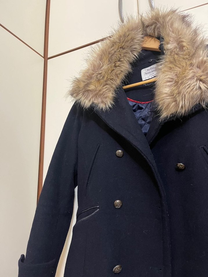 Gri Midi Kadın Kaban, Kürklü Yaka - Görsel 4