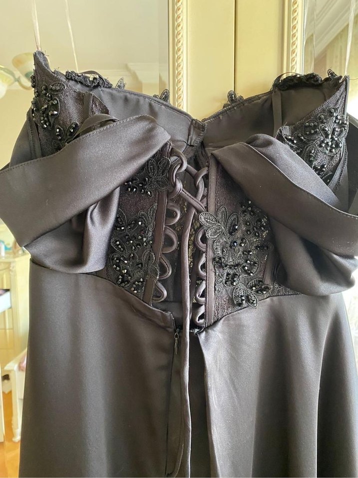 Siyah Straplez Nakışlı Uzun Kadın Abiye - Görsel 4