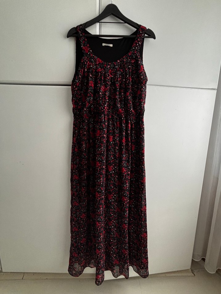 Kırmızı Bağlama Desenli Hamile Midi Elbise - Görsel 2