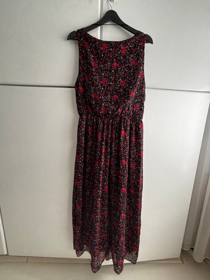 Kırmızı Bağlama Desenli Hamile Midi Elbise - Görsel 3