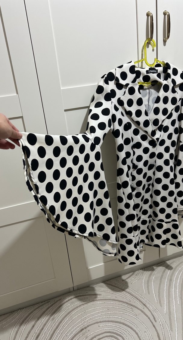 Puantiye Desenli Uzun Kollu Kısa Gömlek Elbise - Görsel 2