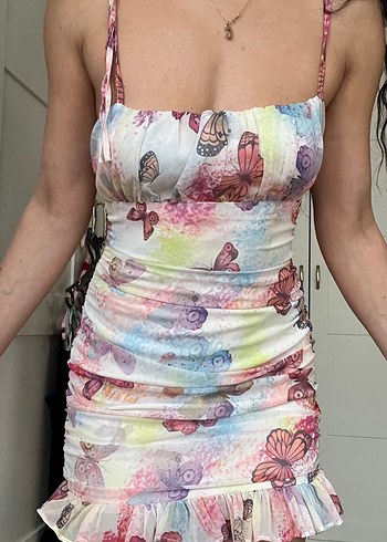 Çok Renkli Mini Straplez Elbise - Görsel 2