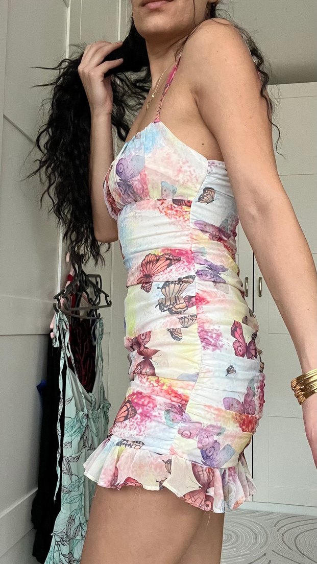 Çok Renkli Mini Straplez Elbise - Görsel 5