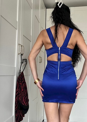 Parlak Mavi V Yaka Drapeli Midi Abiye Elbise - Görsel 5