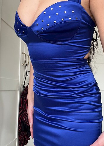 Parlak Mavi V Yaka Drapeli Midi Abiye Elbise - Görsel 3