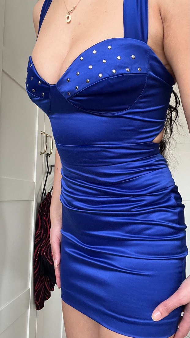 Parlak Mavi V Yaka Drapeli Midi Abiye Elbise - Görsel 3