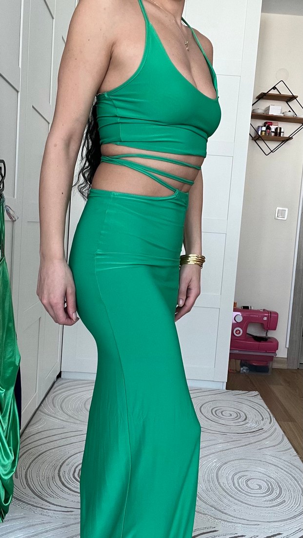 Yeşil Drapeli Uzun Kadın Elbise - Görsel 3