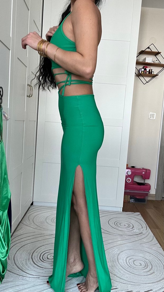 Yeşil Drapeli Uzun Kadın Elbise - Görsel 4