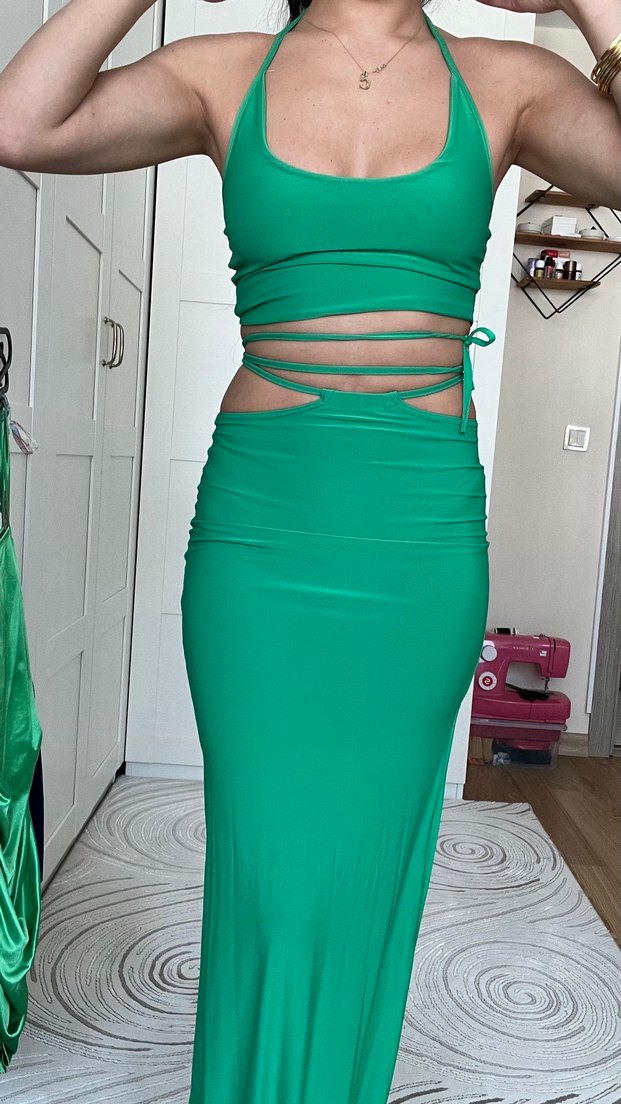 Yeşil Drapeli Uzun Kadın Elbise - Görsel 2