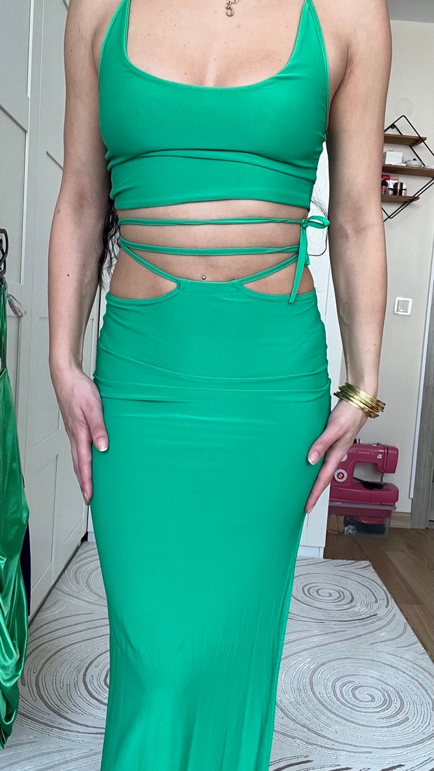 Yeşil Drapeli Uzun Kadın Elbise - Görsel 5