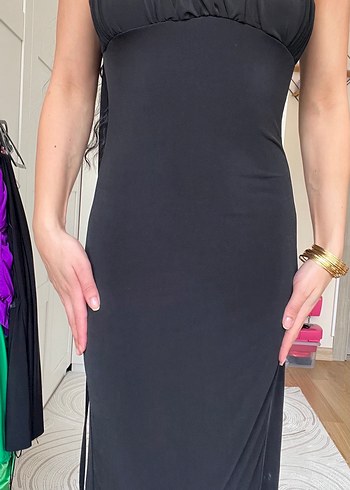 Siyah Uzun Drapeli V Yakalı Elbise - Görsel 5