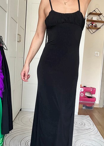 Siyah Uzun Drapeli V Yakalı Elbise - Görsel 4