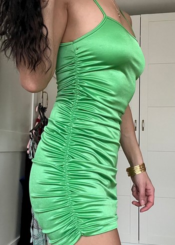 Drapeli Yeşil Midi Mini Elbise - Görsel 2