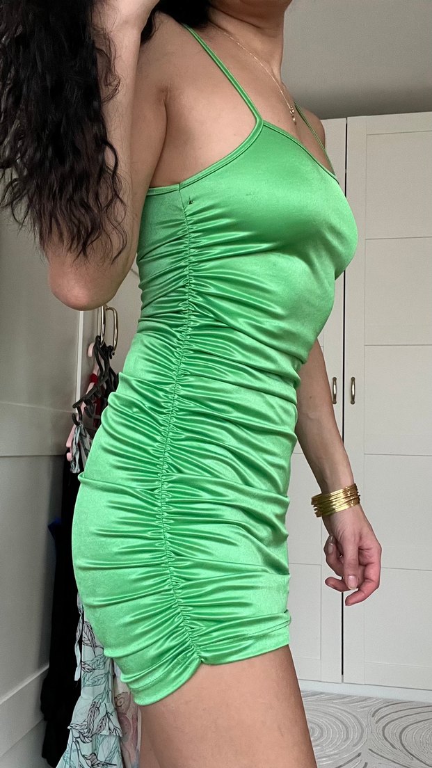 Drapeli Yeşil Midi Mini Elbise - Görsel 2