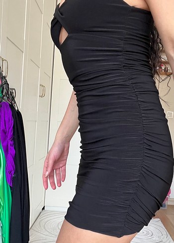 Siyah V Yaka Mini Elbise - Görsel 5