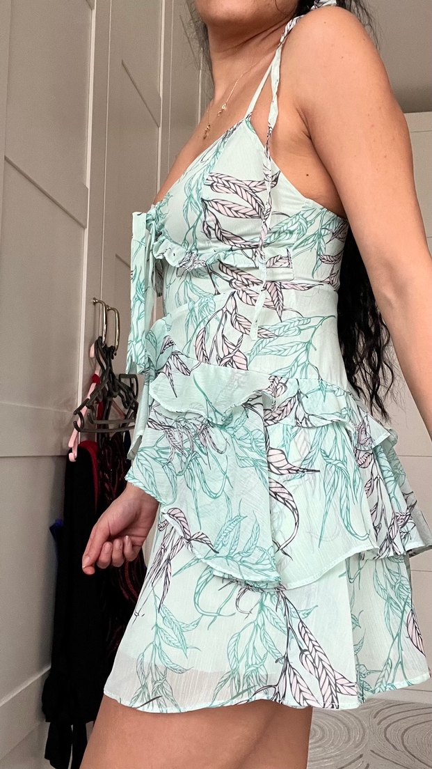 Turkuaz Bohem Fırfırlı Mini Elbise - Görsel 4