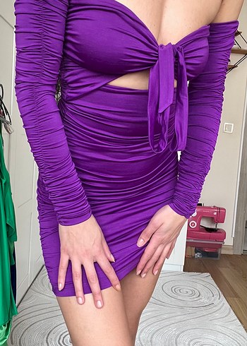 Mor Straplez Drapeli Mini Elbise - Görsel 3