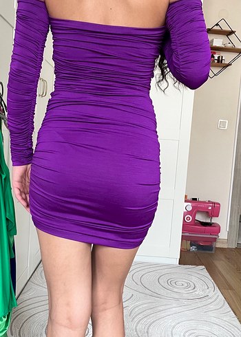 Mor Straplez Drapeli Mini Elbise - Görsel 2