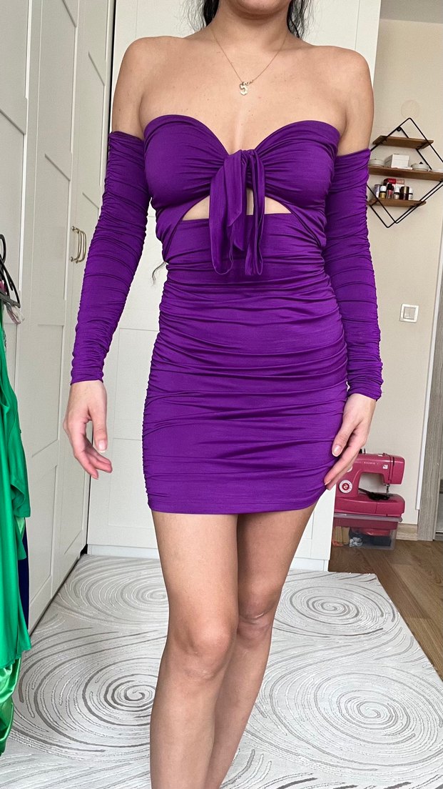 Mor Straplez Drapeli Mini Elbise - Görsel 5