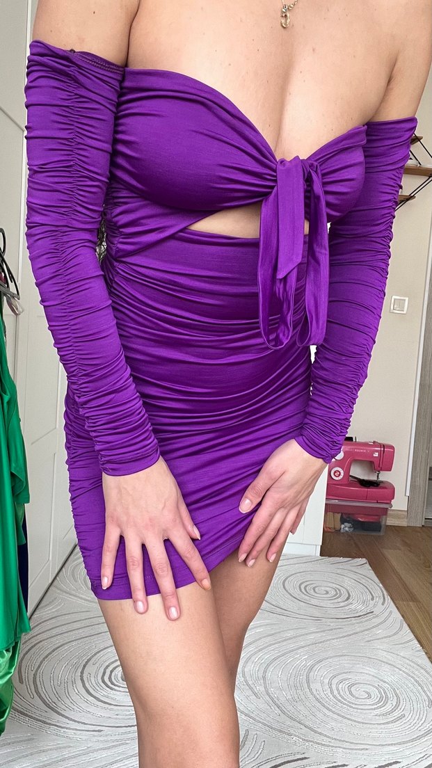 Mor Straplez Drapeli Mini Elbise - Görsel 3