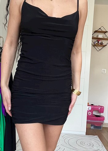 Siyah Drapeli Mini Elbise - Görsel 2