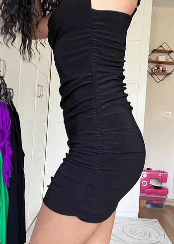 Siyah Drapeli Mini Elbise - Görsel 3